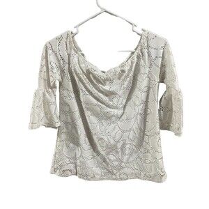 White Birch Blouse  Lace Bell Sleeve Sheer Lined Ruffle Boho Womens Size S